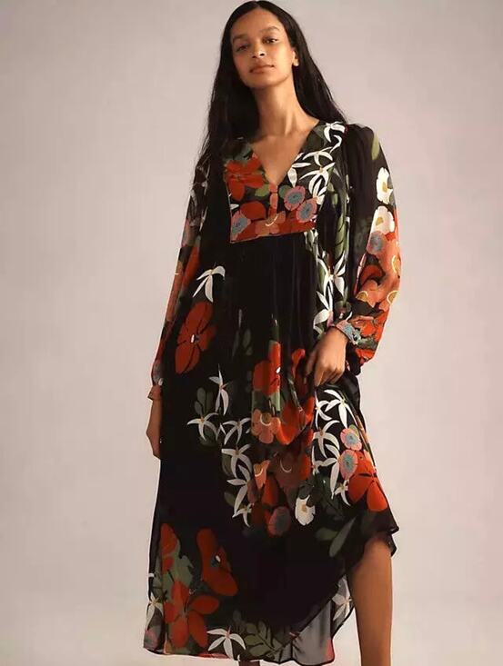 FARM Rio for Anthropologie Dresses & Skirts - Farm Rio x Anthropologie Long Sleeve V Neck Floral Maxi Dress Balloon Sleeve S